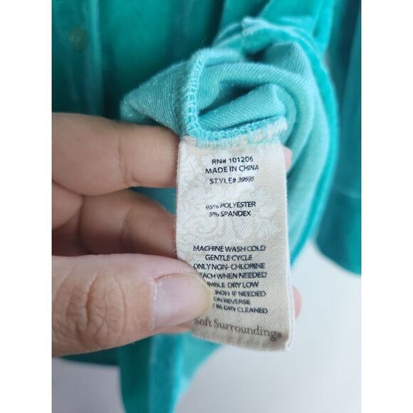Soft Surroundings Blue Green Teal Velvet Button Down Blouse size Large Petite - Picture 6 of 7